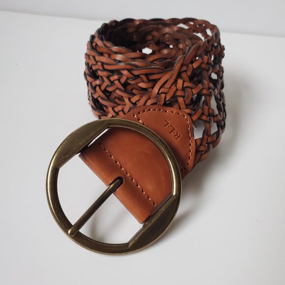 Lauren Ralph Lauren Wide Woven Brown Leather Belt Large Ring Buckle Length 38" - Picture 7 of 7